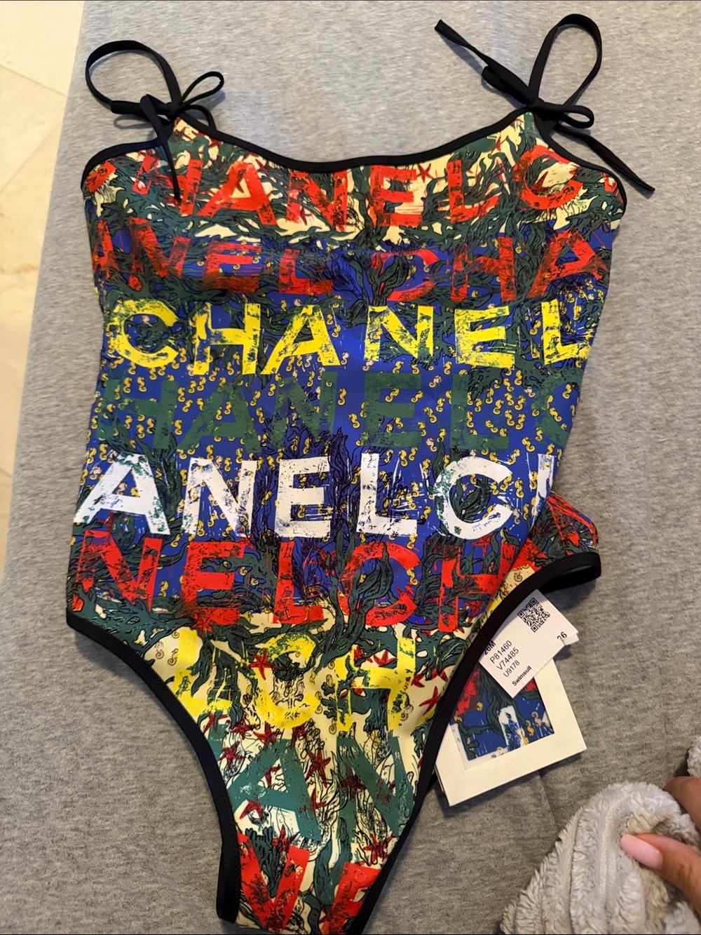 CHANEL Multicolor Graphic Print Top with Black Trim
